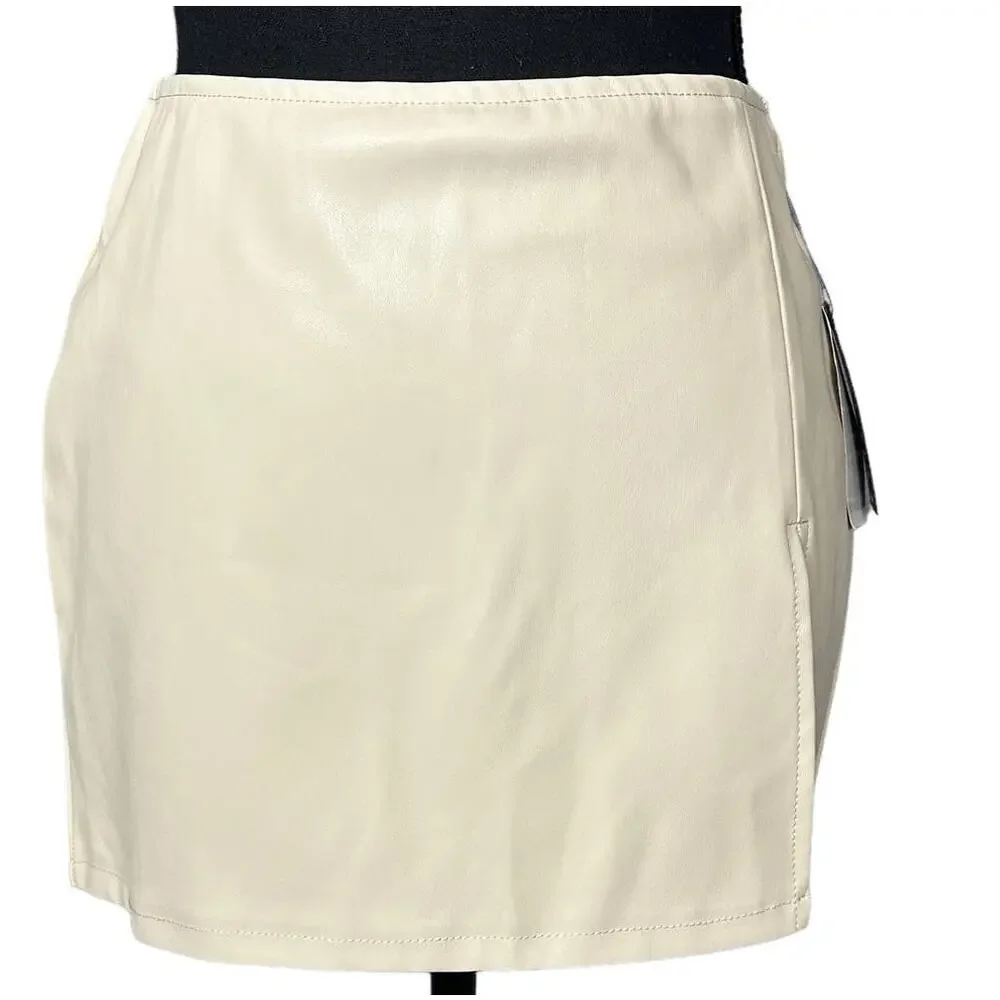 AFRM White Faux Leather Mini Skirt XS Ivory Pencil Soft Slit Work Micro $68 NEW - Picture 4 of 9